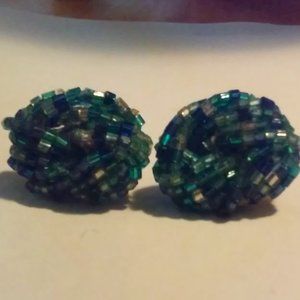 Vintage Pierced Earrings Blue Green Clear Beads 1"